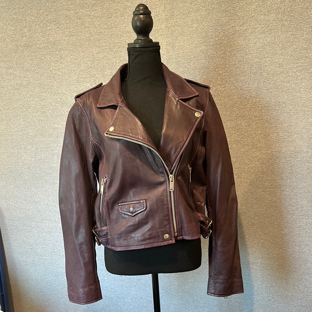 Amaryllis Burgundy Leather Biker Jacket with Asymmetrical Zipper